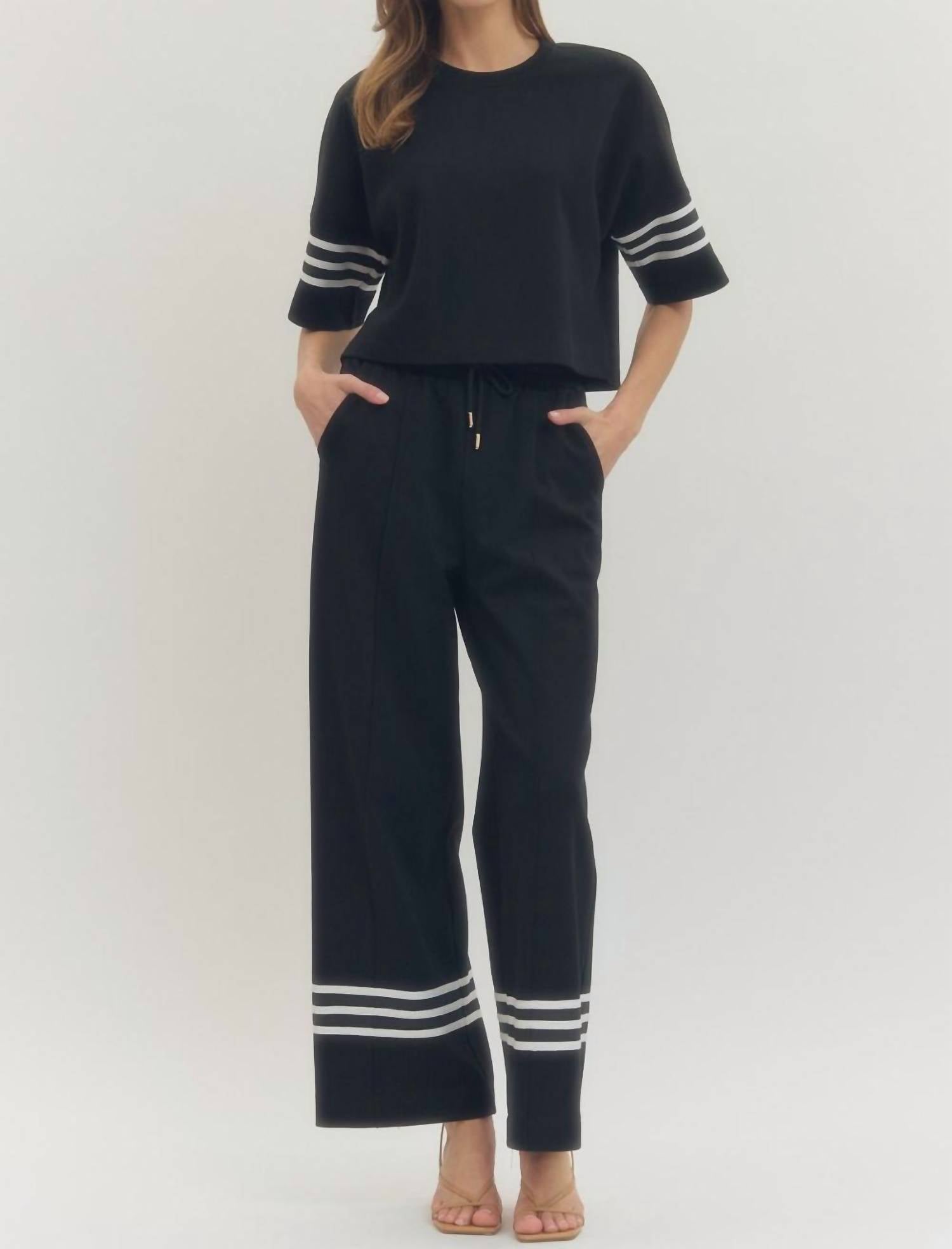 entro Luna Short Sleeve Knit Top And Wide Leg Pants Set in black - women's sleepwear