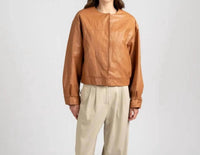 Elle Grey - Collarless Vintage Leather Jacket