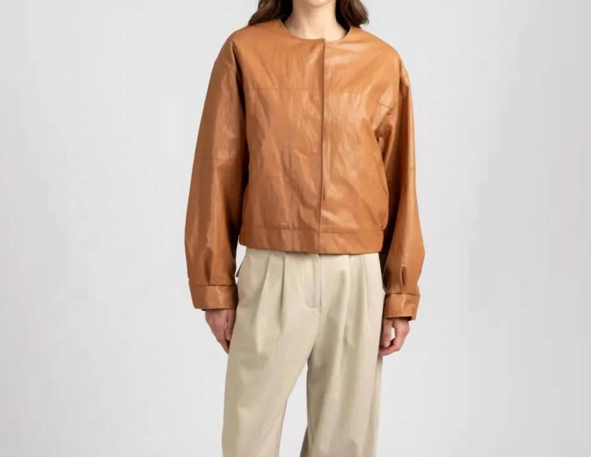 Elle Grey - Collarless Vintage Leather Jacket