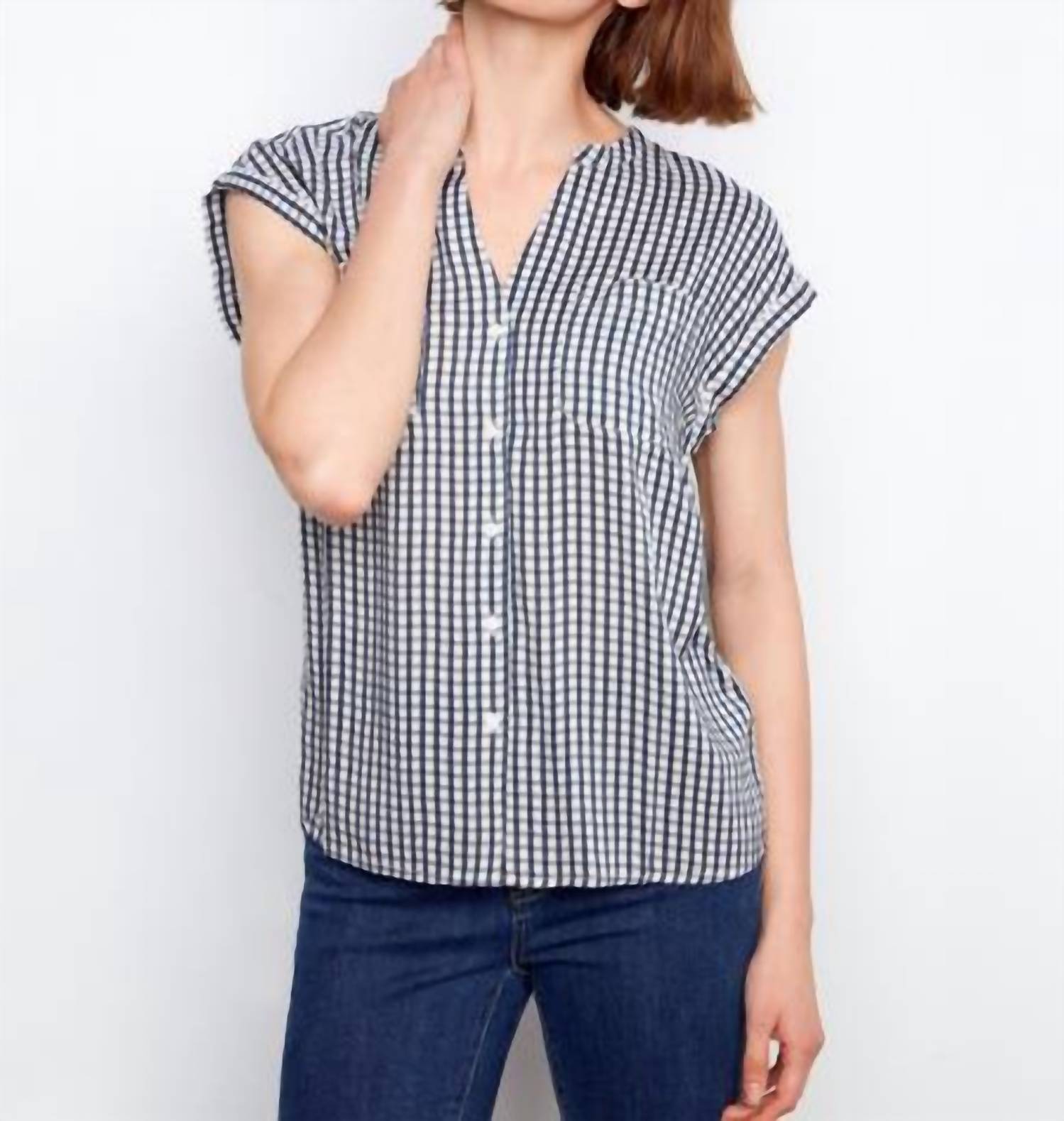 Charlie B - Printed Gingham Short Sleeve Blouse