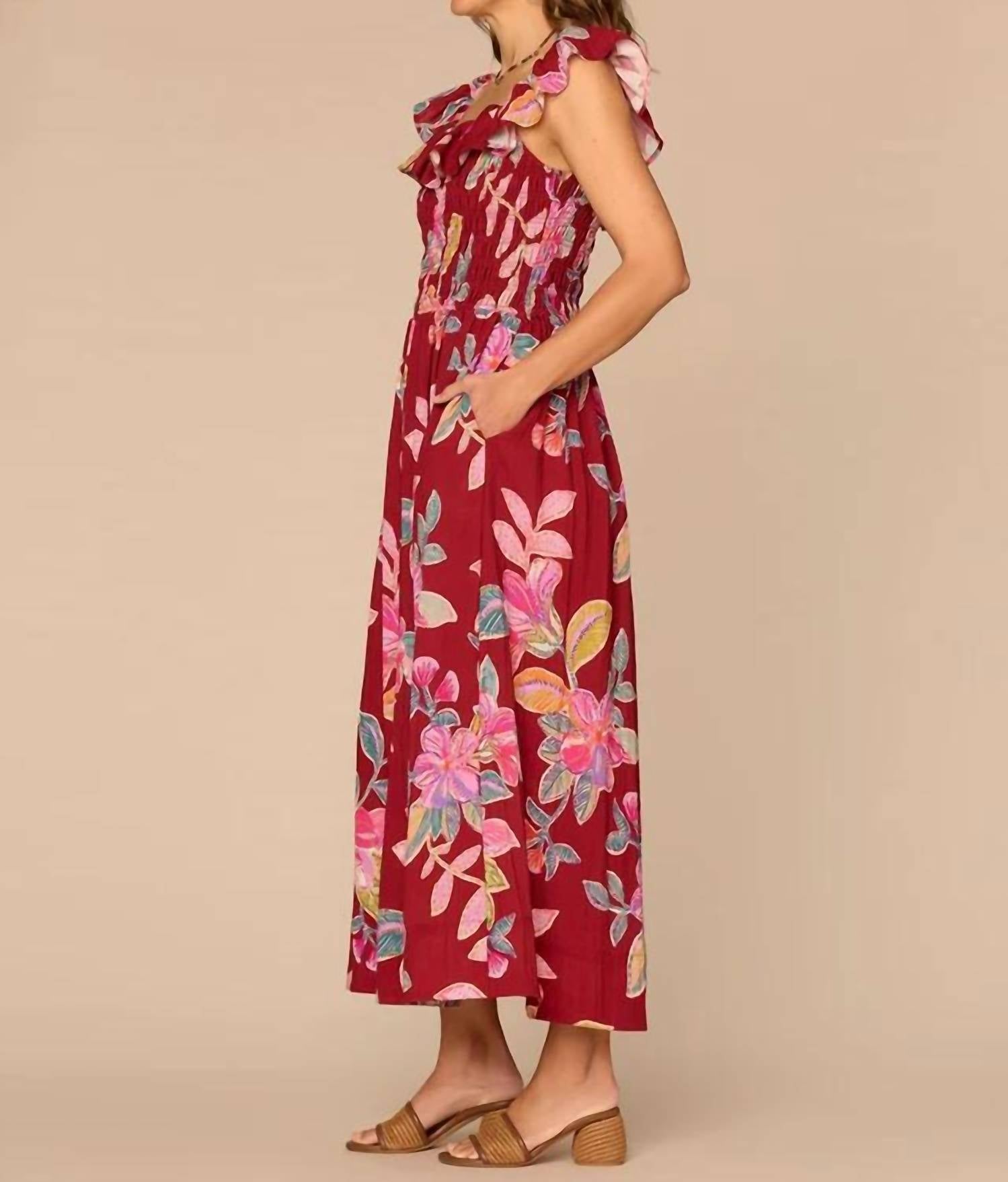 Democracy - Ruffle Cap Sleeve Smocked Waist Floral Woven Dress