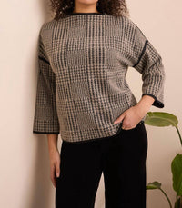 Tribal - Three Quarter Sleeve Mock Neck Jacquard Plaid Top