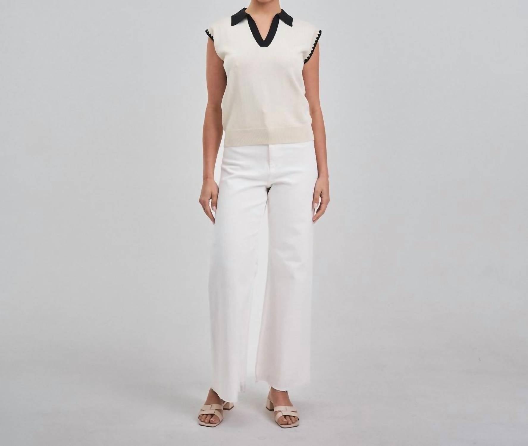 Able - Contrast Collared V Neck Knit Top