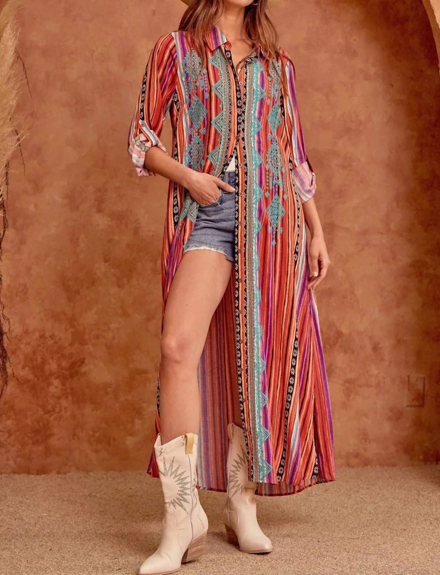 Andree By Unit - Embroidered Striped Duster Midi Dress