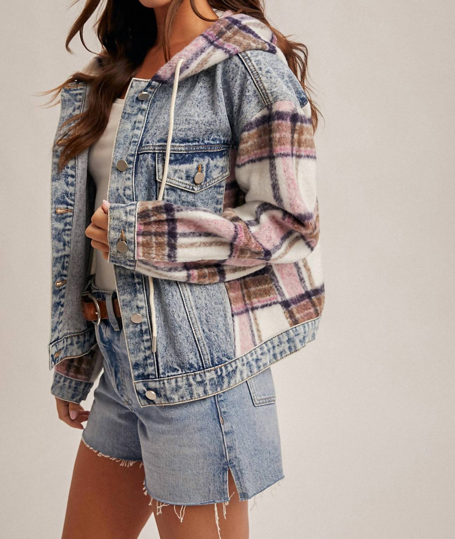 Hem & Thread - Brushed Plaid Contrast Hooded Jacket