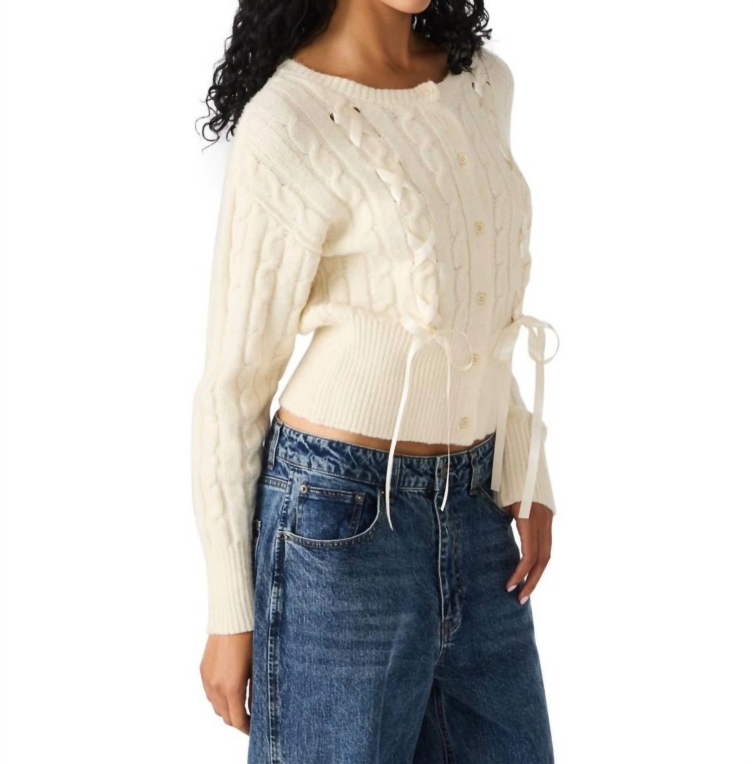 STEVE MADDEN Saidee Cable Ribbon Cardigan in cream - women's cardigan - detail view