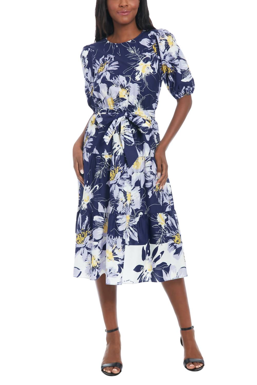 London Times - Printed Jewel Neckline Puff Sleeve Tiered Midi Dress