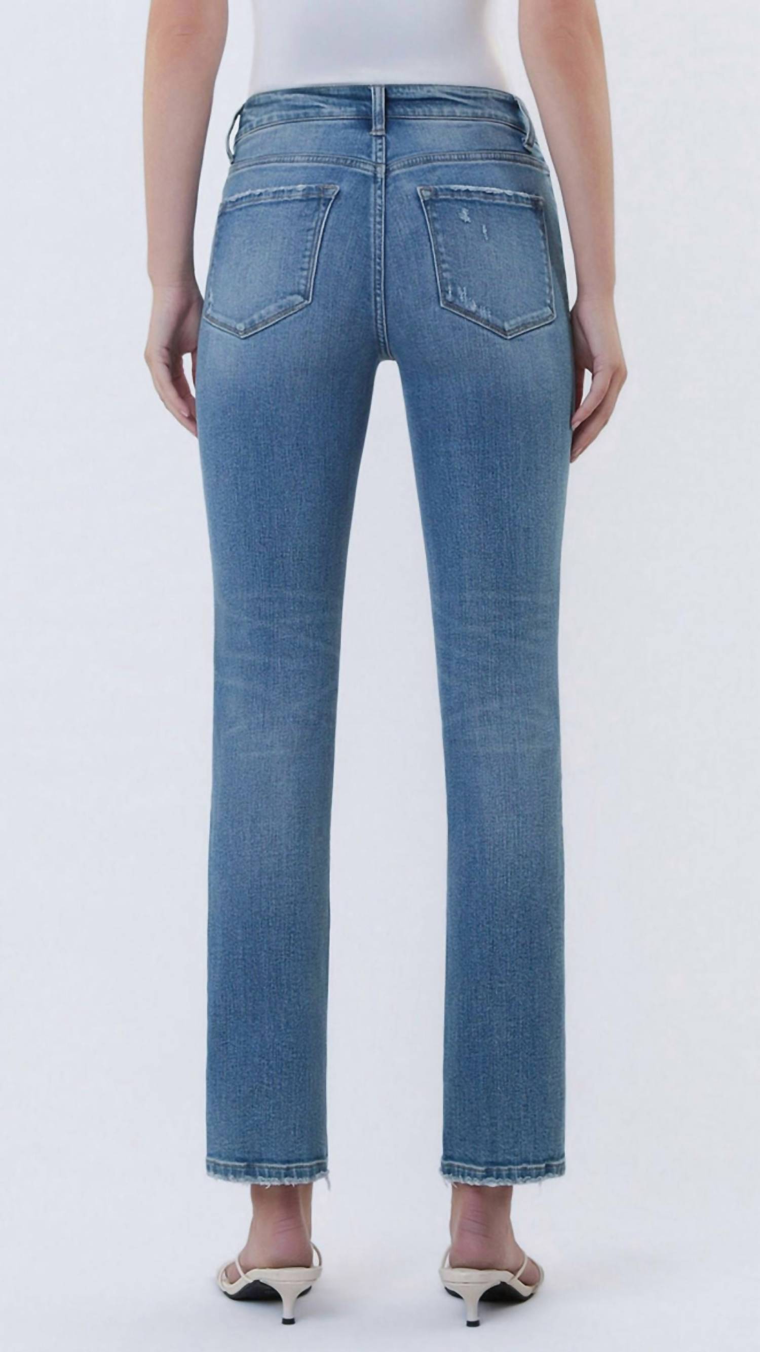 VERVET BY FLYING MONKEY Mid Rise Ankle Slim Straight Slight Distressed Jeans in medium wash - women's jeans - detail view