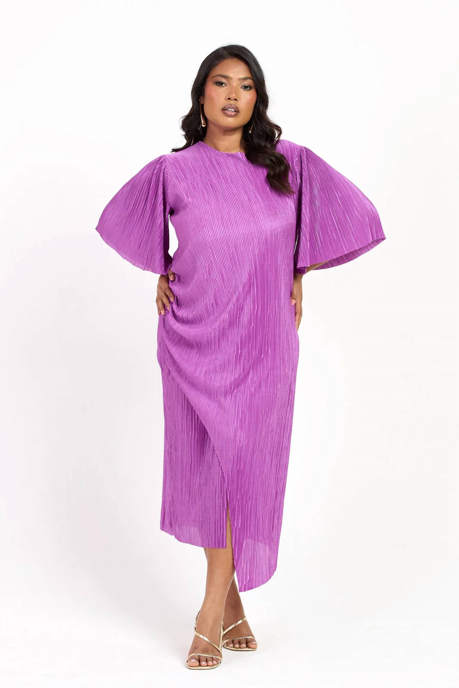 Fashion Szn Curve - Ruched Side Flutter Sleeve Midi Dress