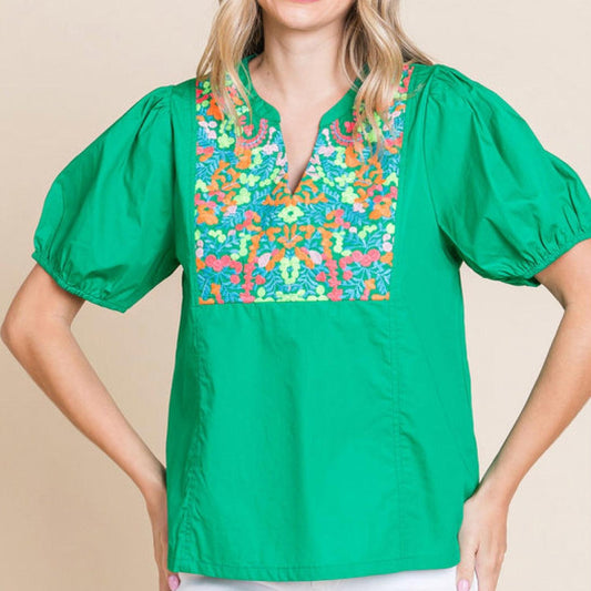 Jodifl - Puff Sleeve Floral Embroidered Top