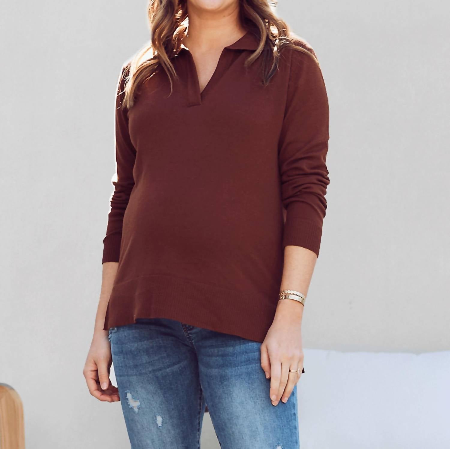 Angel Maternity Jolie Maternity Knit Polo in brown - women's long sleeve top
