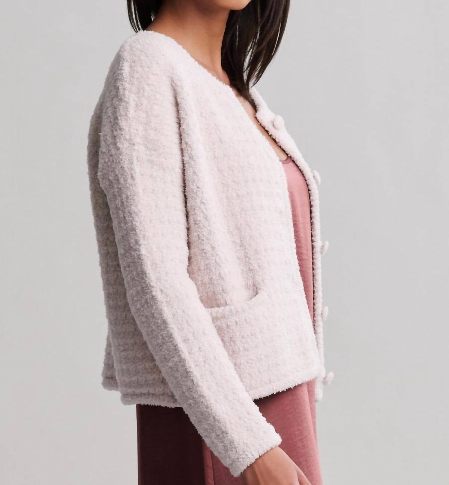 BAREFOOT DREAMS CozyChic Textured Button Front Cardigan in sand dune - women's cardigan - detail view