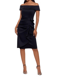 Xscape - Knee Length Off-the-shoulder Scuba Side Ruched Dress
