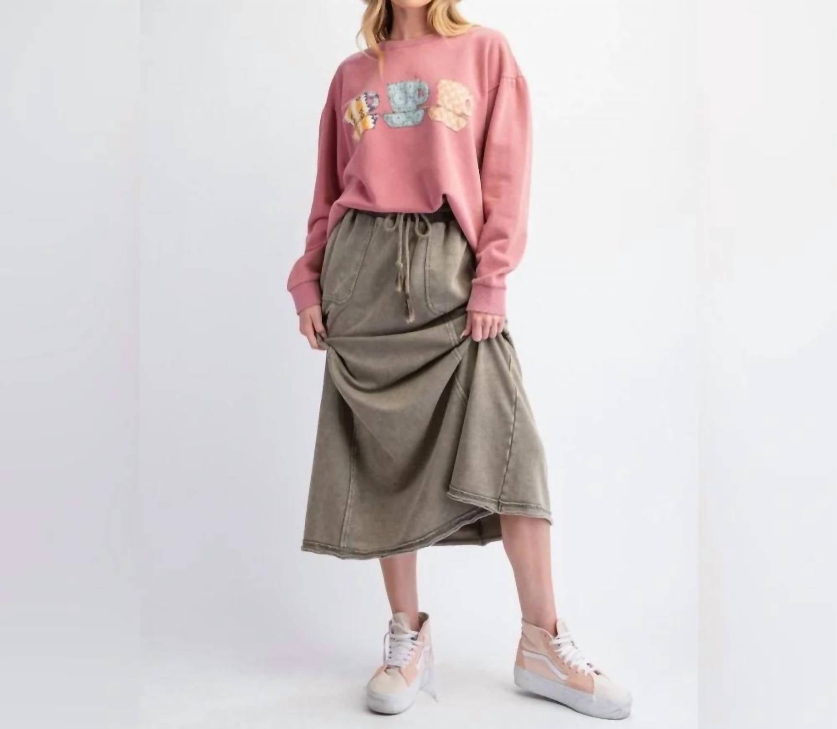 Easel Mineral Washed Cargo Skirt in olive - women's skirt - view 4