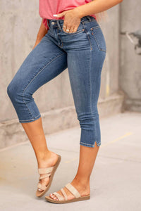 Judy Blue Mid Rise Skinny Capris in medium blue wash - women's pants - detail view