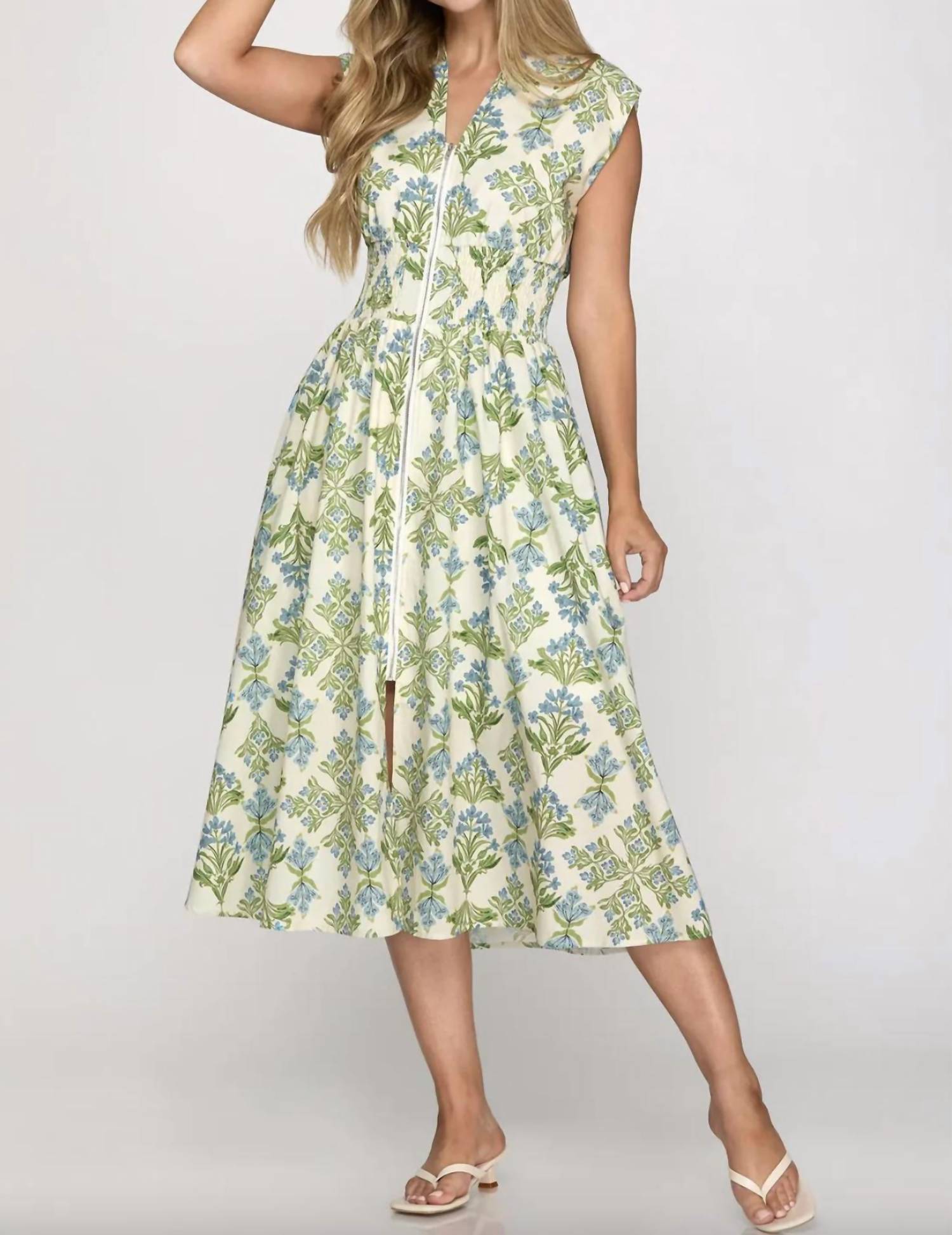 She + Sky - SMOCKED WAIST FRONT ZIP DRESS