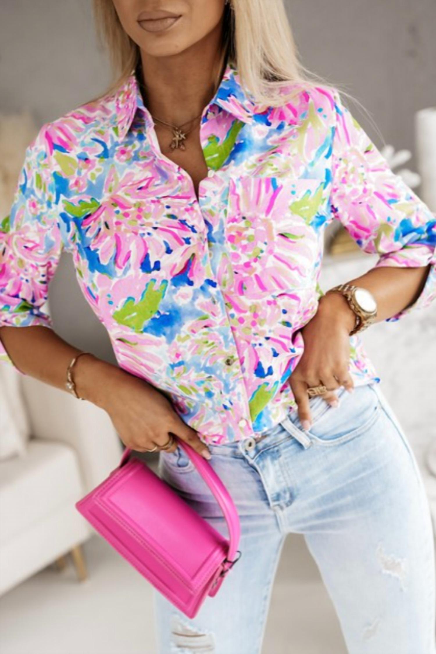 Shiying Fashion - Floral Buttoned Long Sleeve Shirt