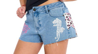 Ed Hardy Leopard Denim Shorts in washed blue - women's shorts - detail view