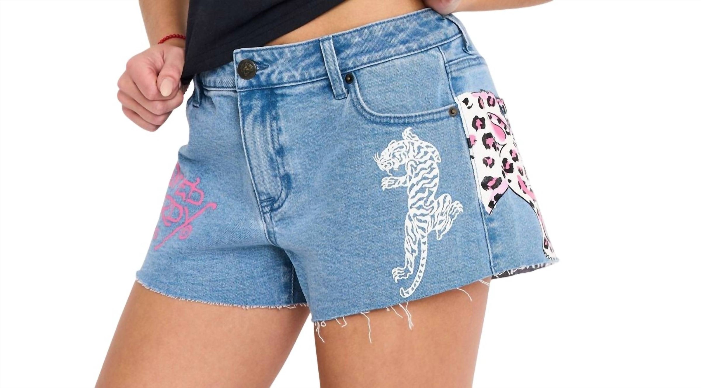 Ed Hardy Leopard Denim Shorts in washed blue - women's shorts - detail view