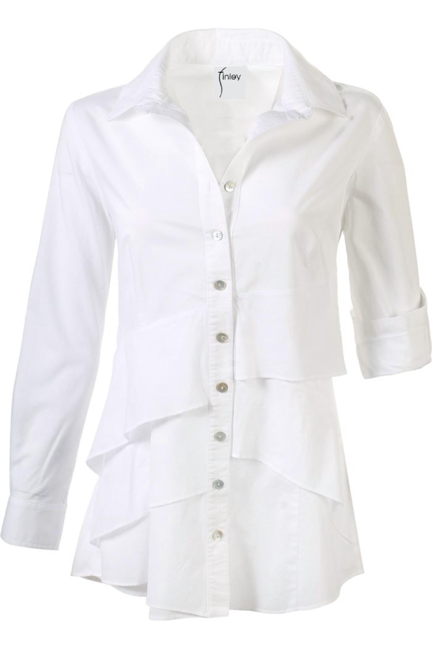 Finley Long Sleeve Button Up Ruffle Top in white - women's blouse - detail view
