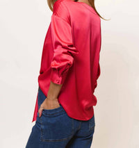 hutch Kass Long Sleeve Tie Top in fuchsia - women's shirt - detail view