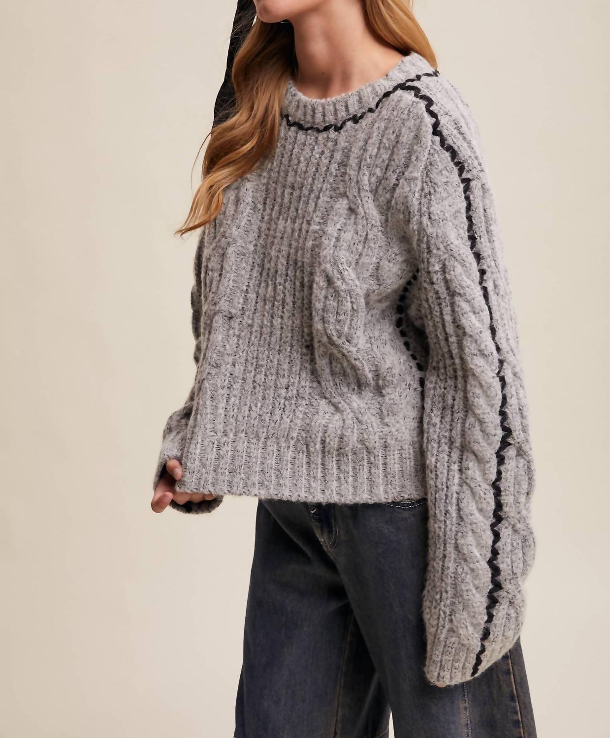 Listicle - Contrast Stitch Cable Knit Sweater
