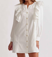 entro Ruffle Shoulder Button Up Mini Dress in white - women's dress