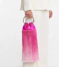JIMMY CHOO Bon Bon Small Fringed Satin Bucket Bag in fuchsia - women's bag - view 6