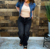 Cozy Co. - Rhinestone Washed Denim Short Sleeve Shrug Top