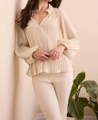 Tribal - Pleated Ruffle Notch Collar Novelty Blouse