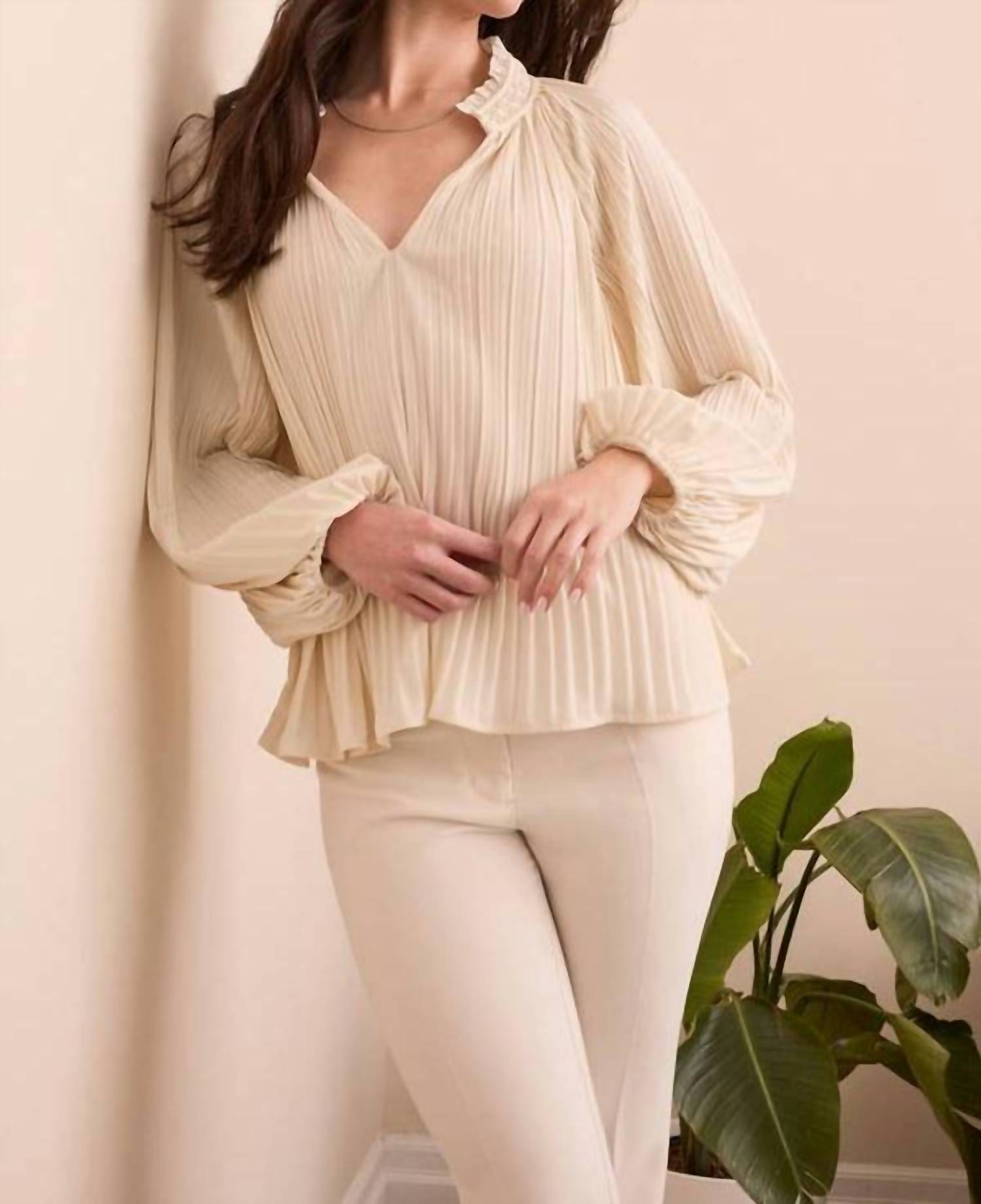 Tribal - Pleated Ruffle Notch Collar Novelty Blouse