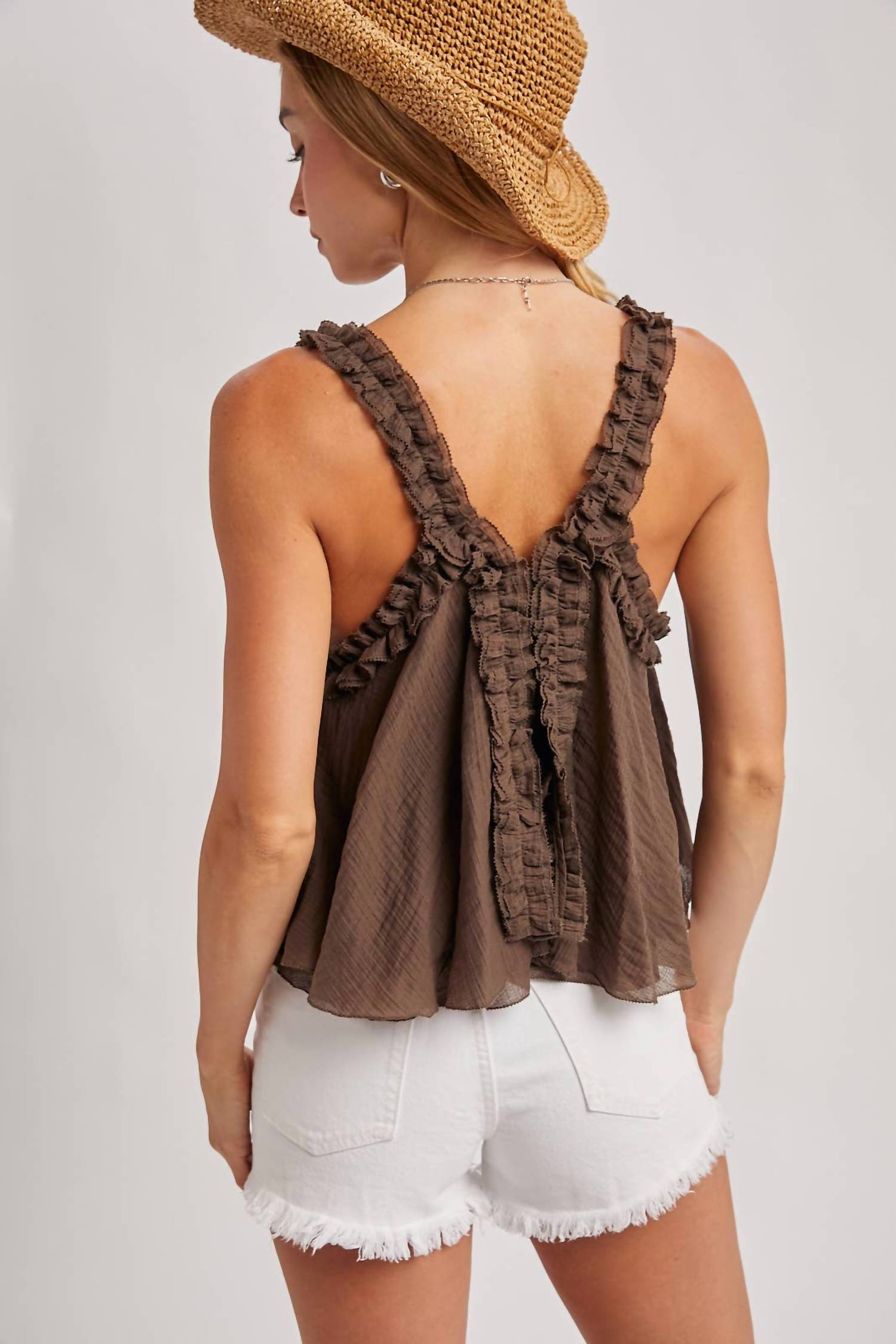 Bluivy - Gathered Strap Raw-edge V-neck Flowy Top