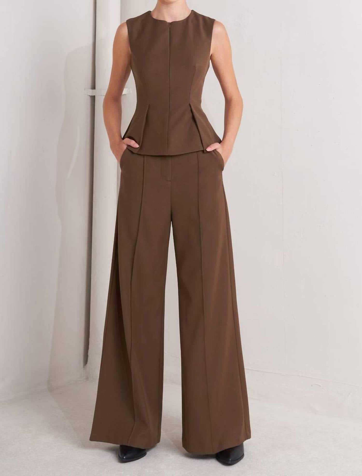 FLYING TOMATO Solid Woven Top in brown - women's blouse
