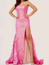 JOVANI Chevron Sequin Strapless High Slit Prom Gown in blush - women's dress - alternate view