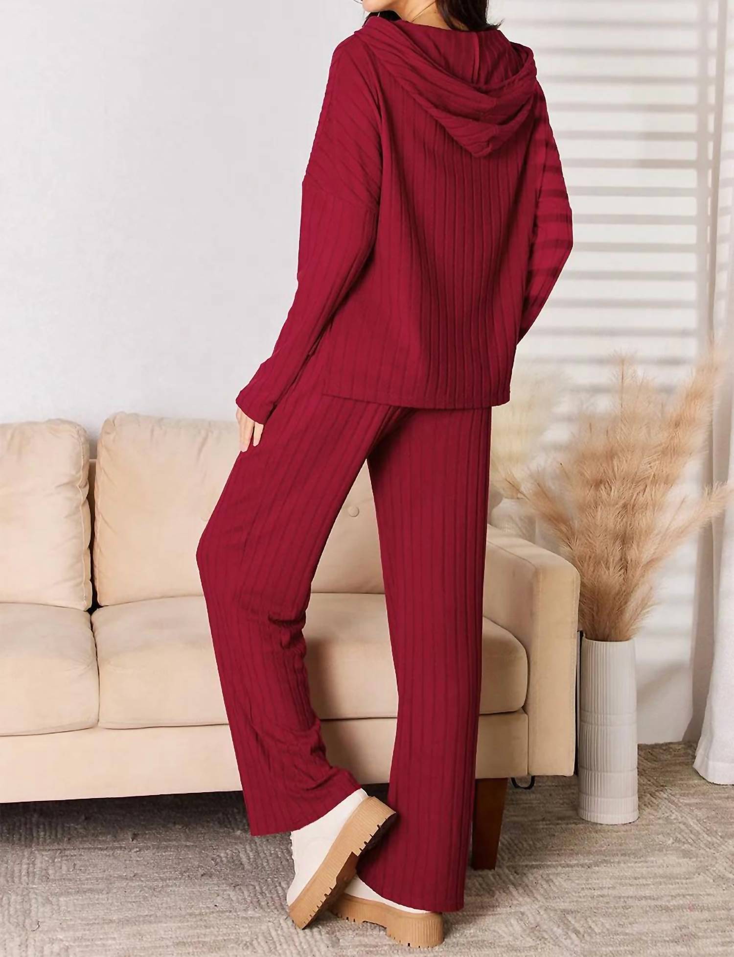 Basic Bae - Full Size Ribbed Drawstring Hooded Top And Straight Pants Set