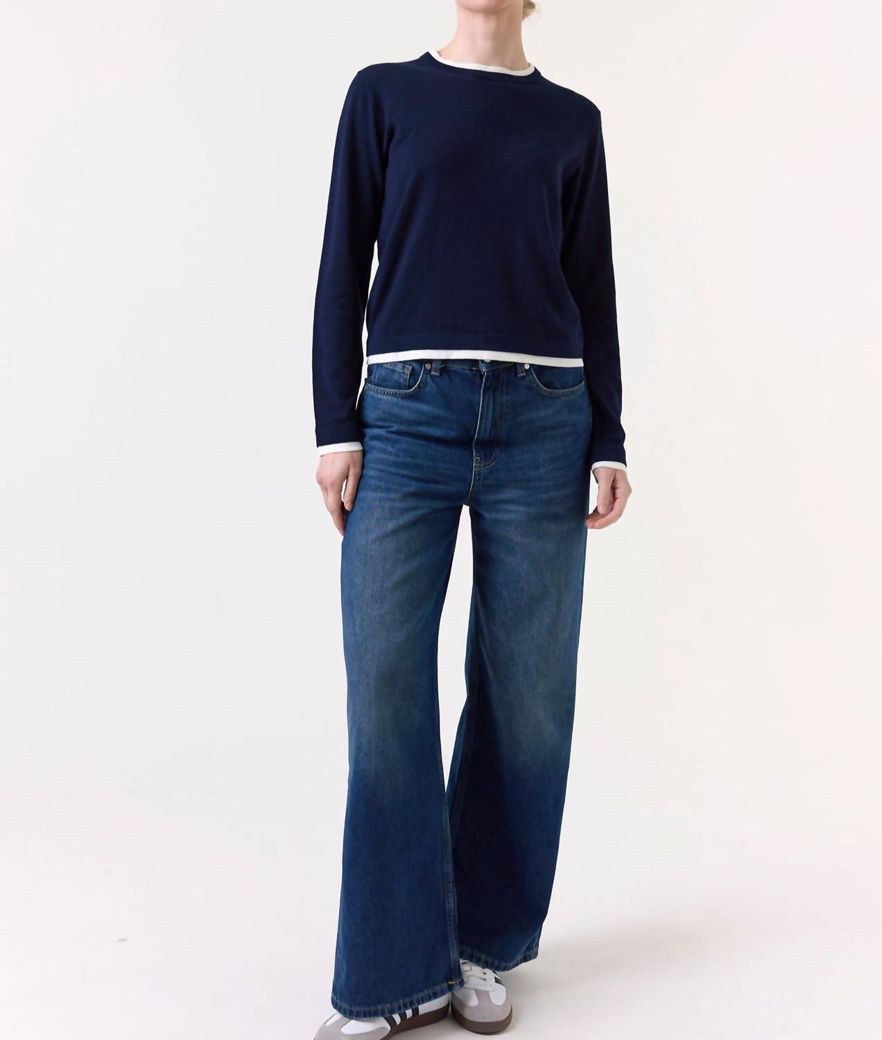 Wispr Double Contrast Trim Crewneck Jumper in navy - women's sweater - alternate view