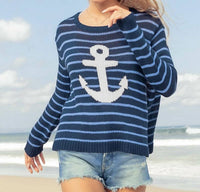 Wooden Ships Anchor Crew Sweater in blue mykonos striped - women's sweater
