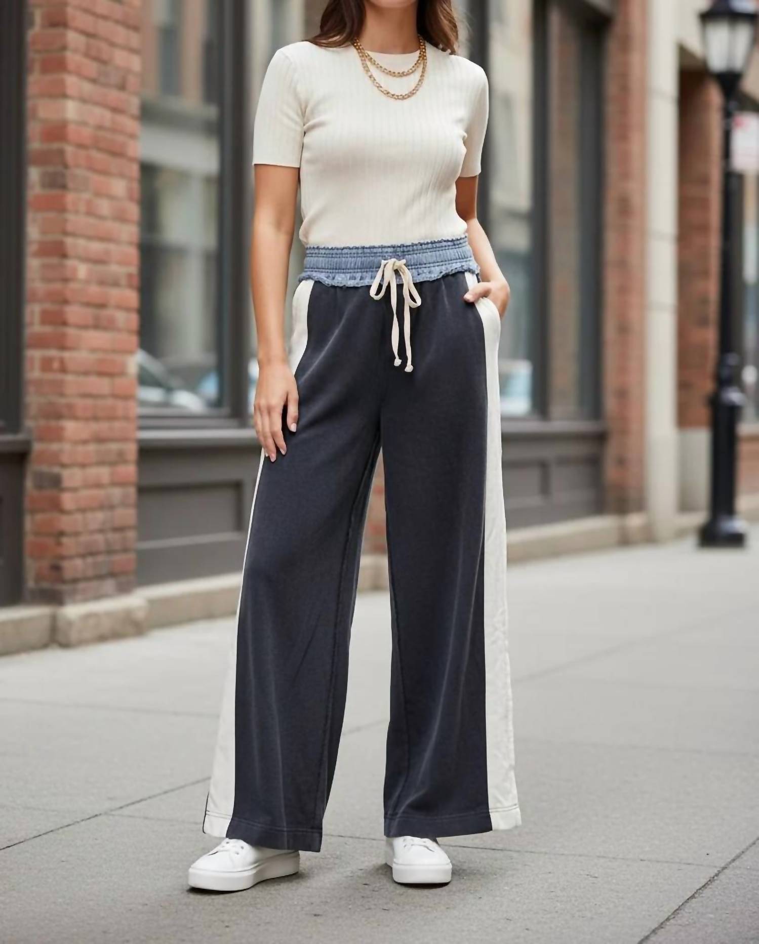 Ee:Some - Women's Color Block Denim Drawstring Pants