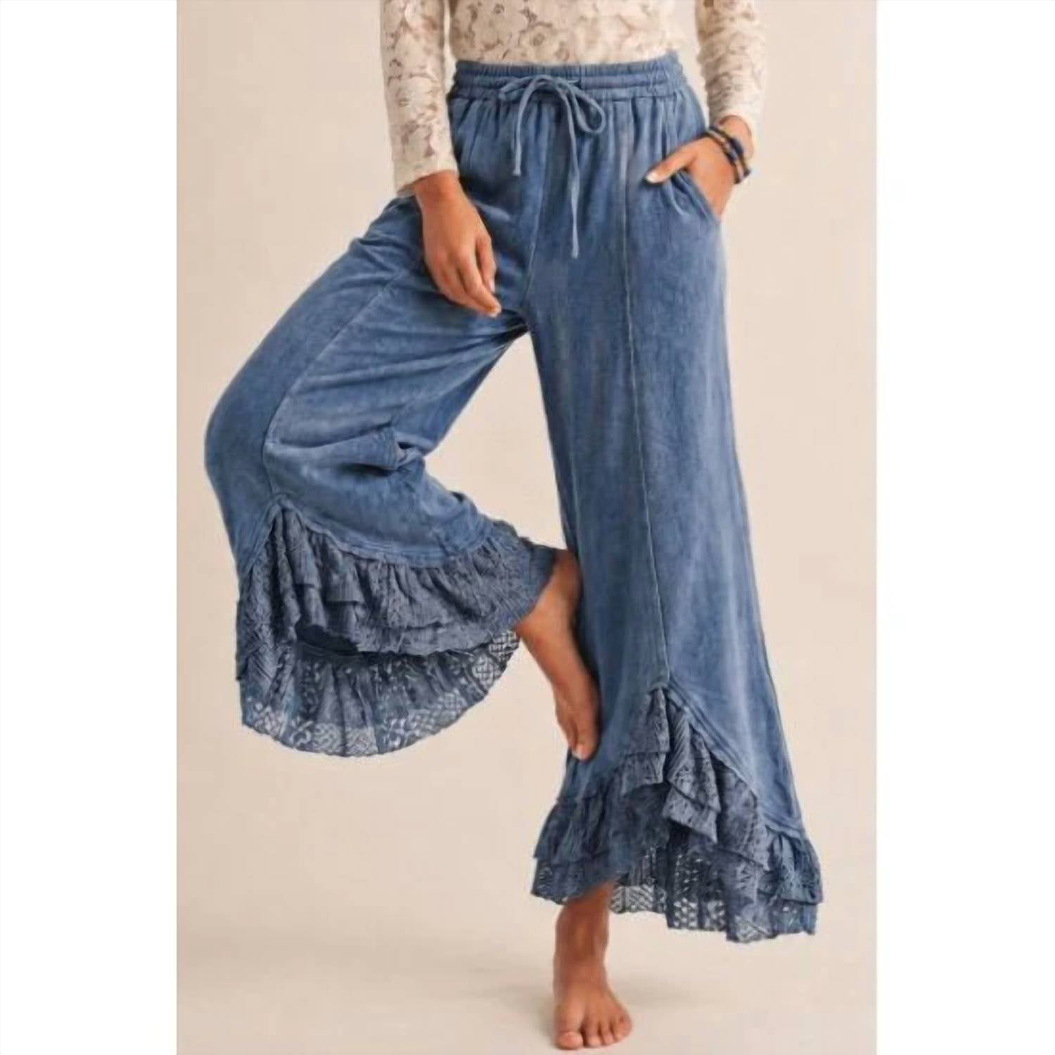 Lovlov - Mineral Wash Lace Ruffle Wide Leg Pants