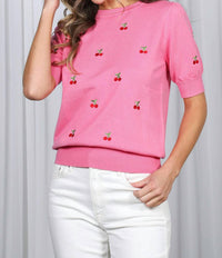Vine & Love Cherry Embroidered Crew Neck Knitted Sweater in pink - women's sweater - view 4