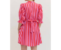 Style USA Striped Puff Sleeve Mini Dress in pink - women's dress - detail view