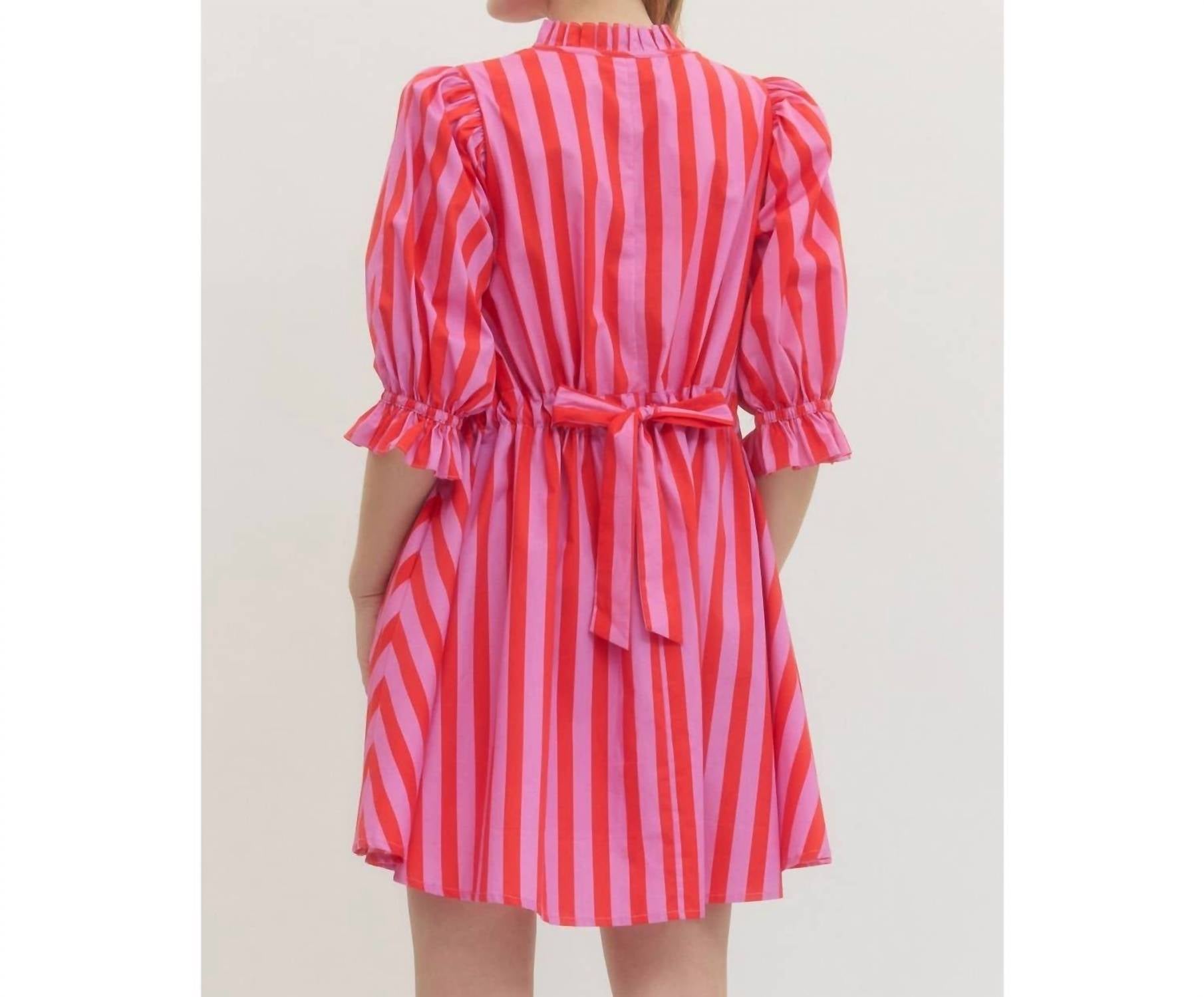 Style USA Striped Puff Sleeve Mini Dress in pink - women's dress - detail view