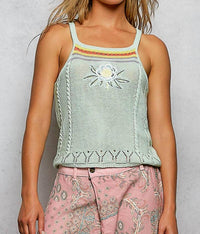 Pol - Square Neck Sleeveless Embroidery Solid Thin Sweater Top