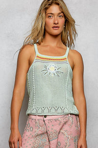 Pol - Square Neck Sleeveless Embroidery Solid Thin Sweater Top