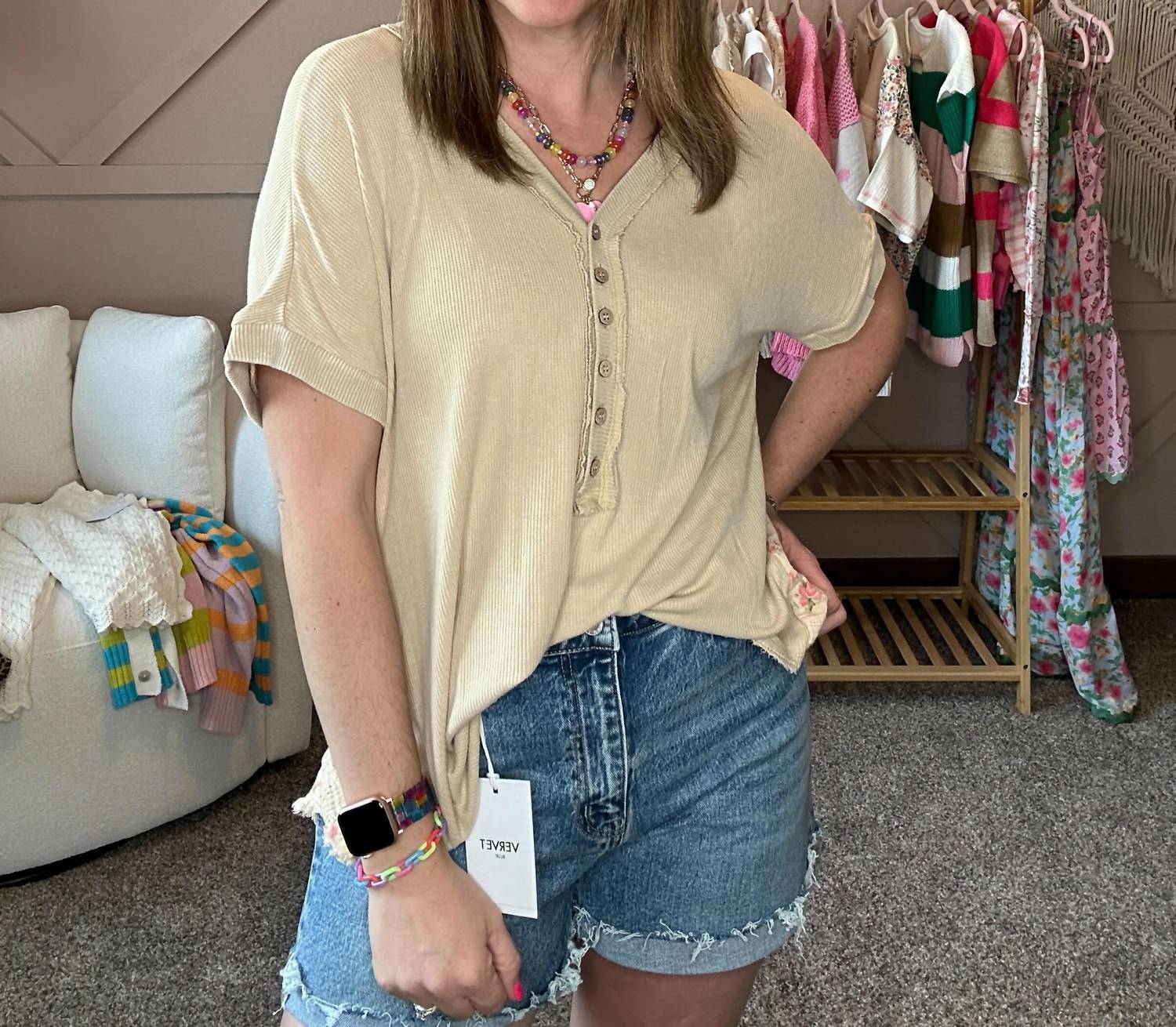 Easel - Floral Button Henley Top