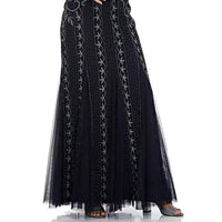 Adrianna Papell - V-neck Godet Cutout Back Embellished Mesh Gown