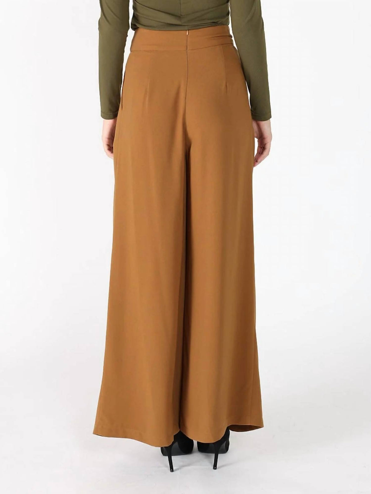 GRACIA Wide Leg Solid Palazzo Flowy Pants in brown - women's pants - detail view