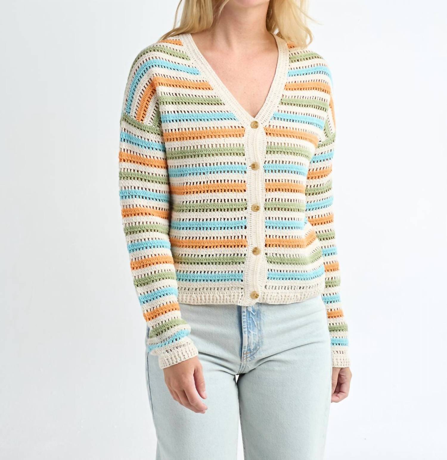 red haute Crochet Stripe Cardigan in multi - women's cardigan - detail view