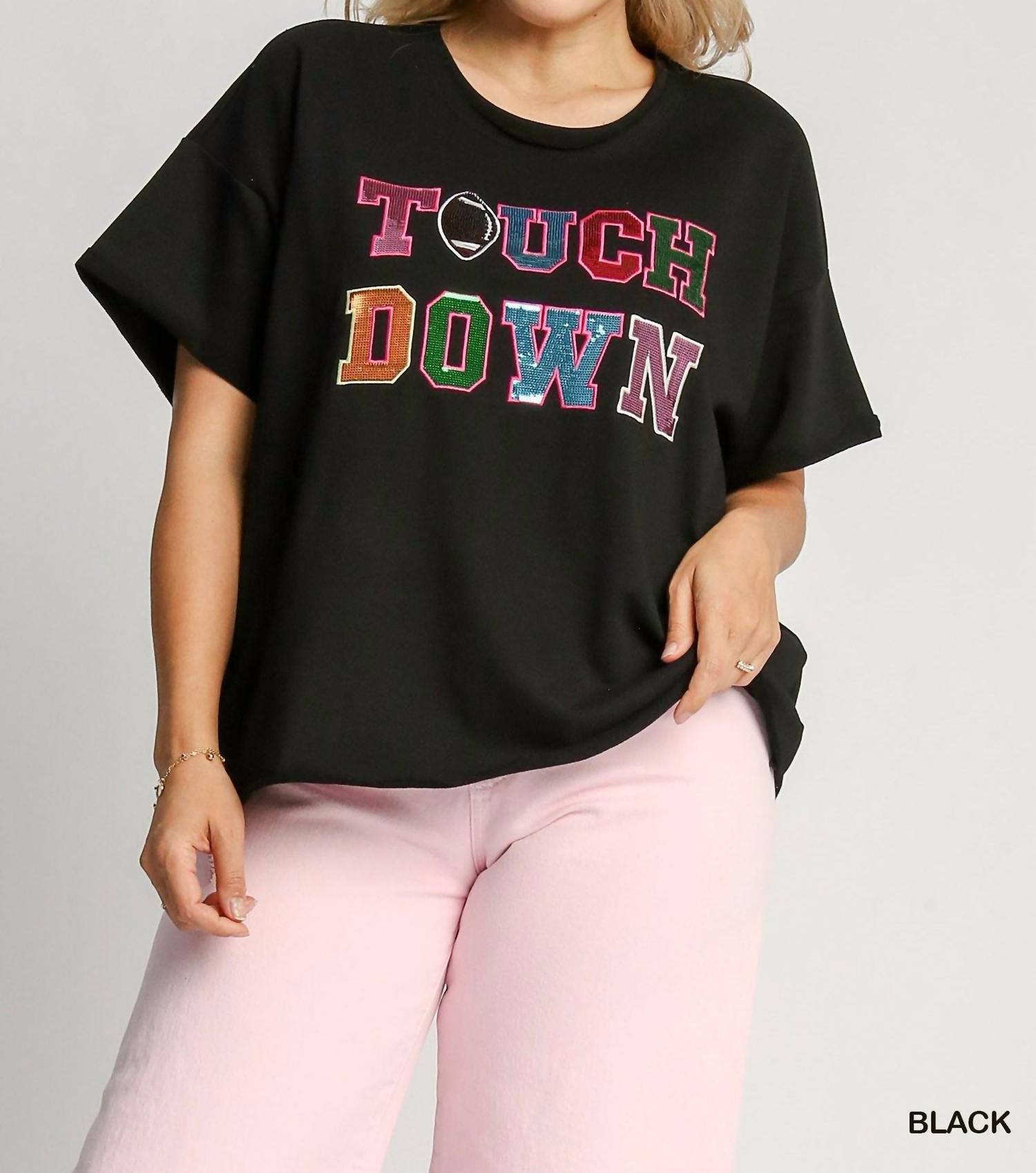 umgee French Terry Sequin Touch Down Top - Plus in black - women's t-shirt - detail view
