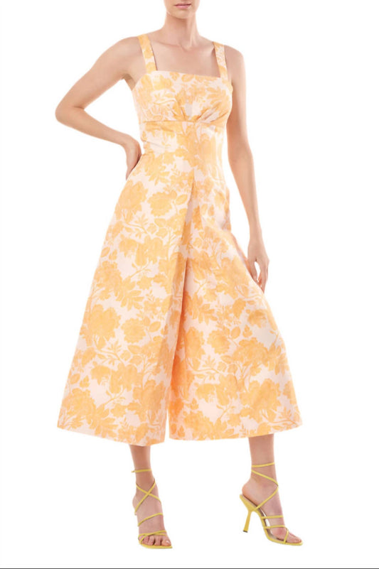 Kay Unger - Sleeveless Square Neck Empire Waist Floral Two-tone Jacquard Jumpsuit